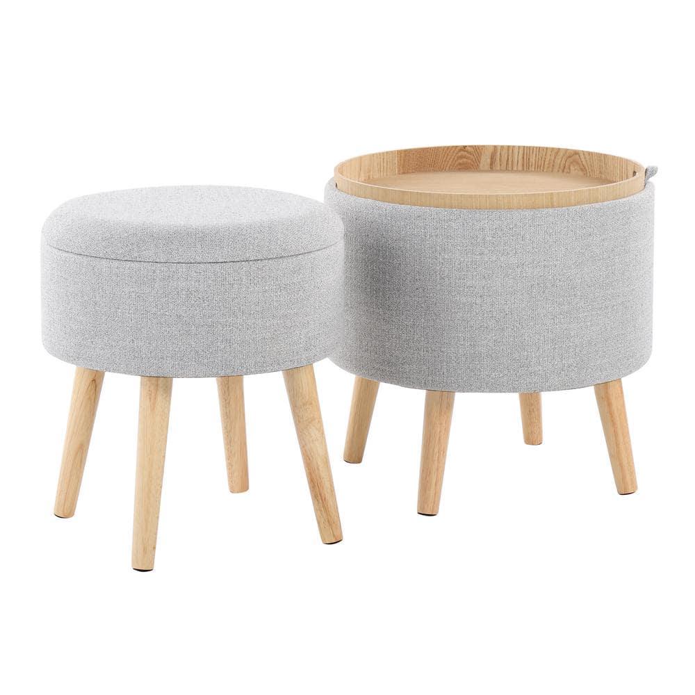 LumiSource Natural Wood, Light Grey Fabric Tray Storage Ottoman Set
