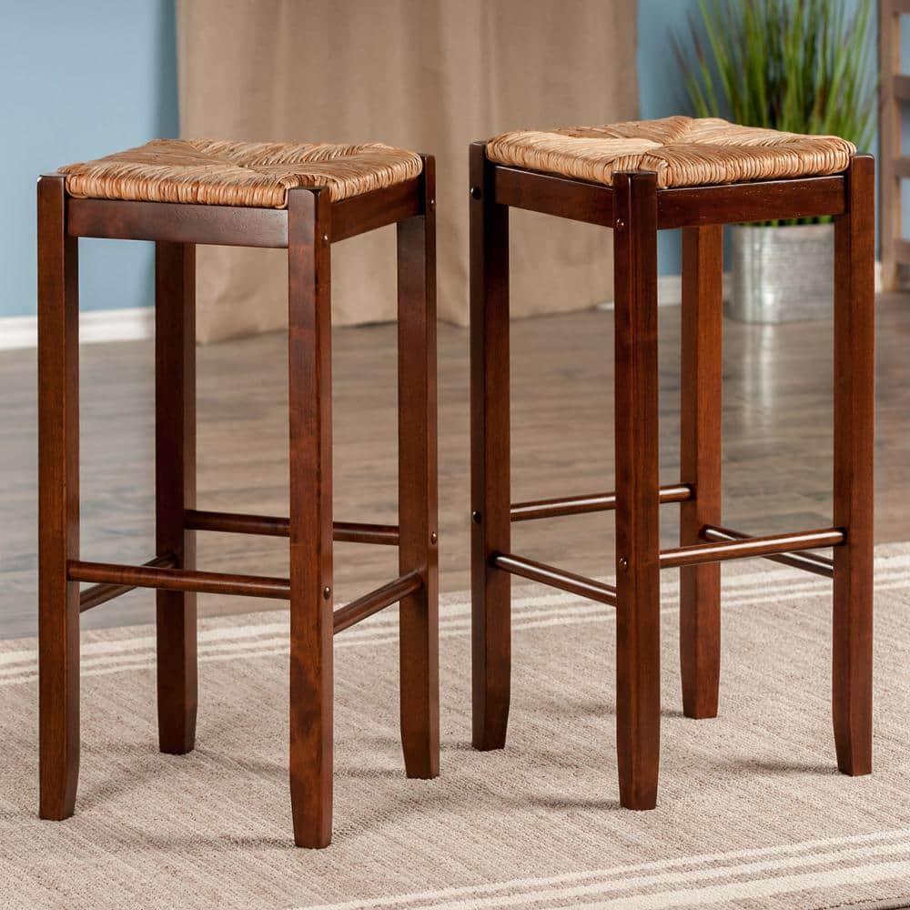 2pc Kaden Set Barstool Rush Seat Walnut - Winsome: Woven Square, Wooden Frame, Fixed Height