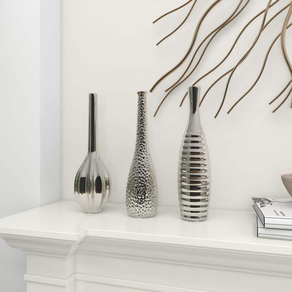 CosmoLiving by Cosmopolitan Ceramic Slim Textured Bottleneck Decorative Vase with Varying Patterns Set