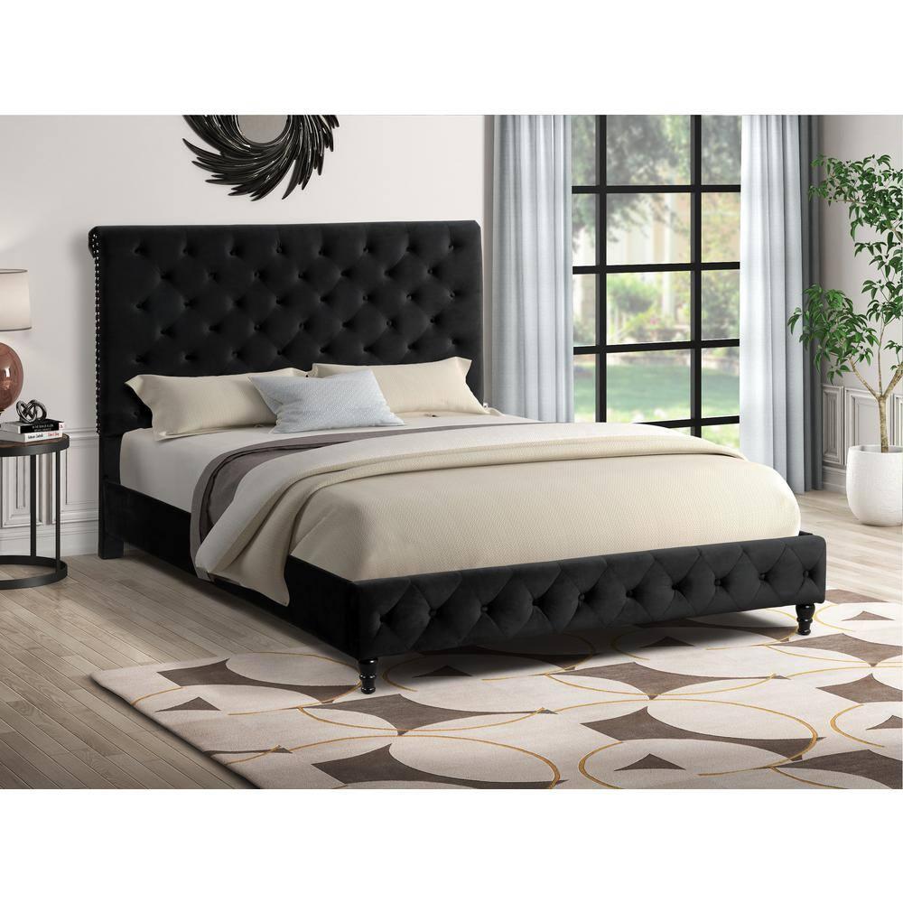 Ashley Tufted Velvet Fabric King Platform Bed in Black