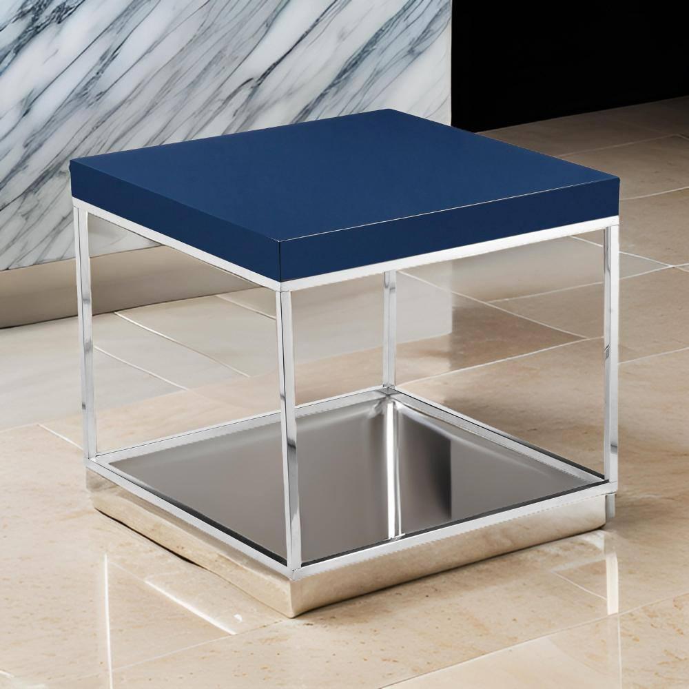 Benjara BM314959 Zen 24 in. Side End Table, Square, Polished Blue Top - Chrome Metal