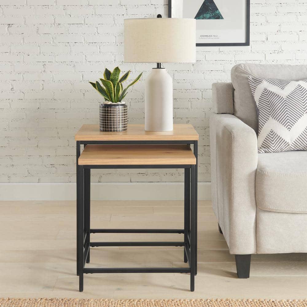Lavish Home Set of 2 Modern Nesting Tables, End Tables for Living Room with Oak-Finished Top and Sturdy Metal Base