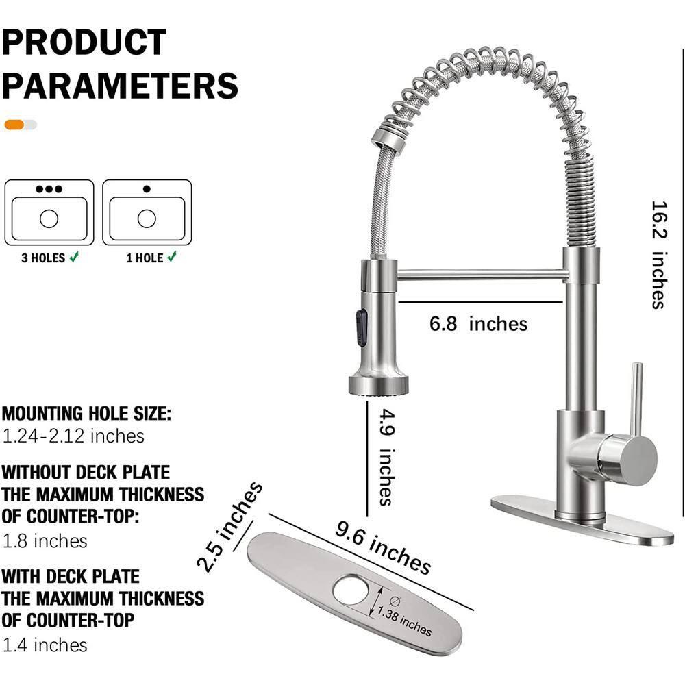 1-Handle Pull Down Sprayer Kitchen Faucet Spring Stainless Steel Kitchen Sink Faucet in Brushed Nickel