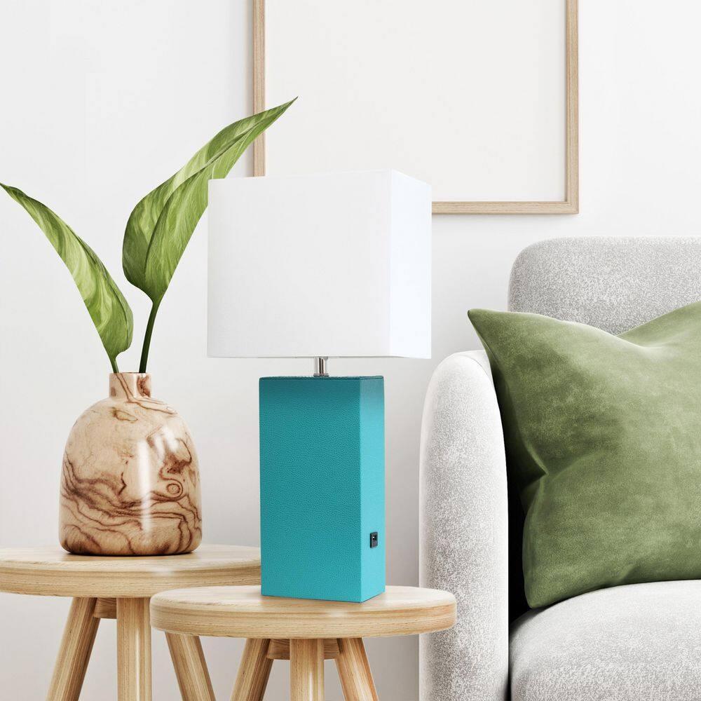21" Lexington Leather Base Modern Home Decor Bedside Table Lamp with USB Charging Port and Fabric Shade Teal Green/White - Lalia Home: No Assembly