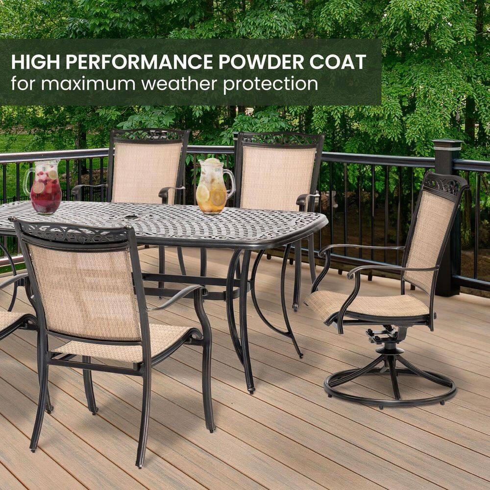 Hanover Fontana 7-Piece Outdoor Dining Set with 2 Sling Swivel Rockers, 4 Sling Chairs, and a 38-In. x 72-In. Cast-Top Table