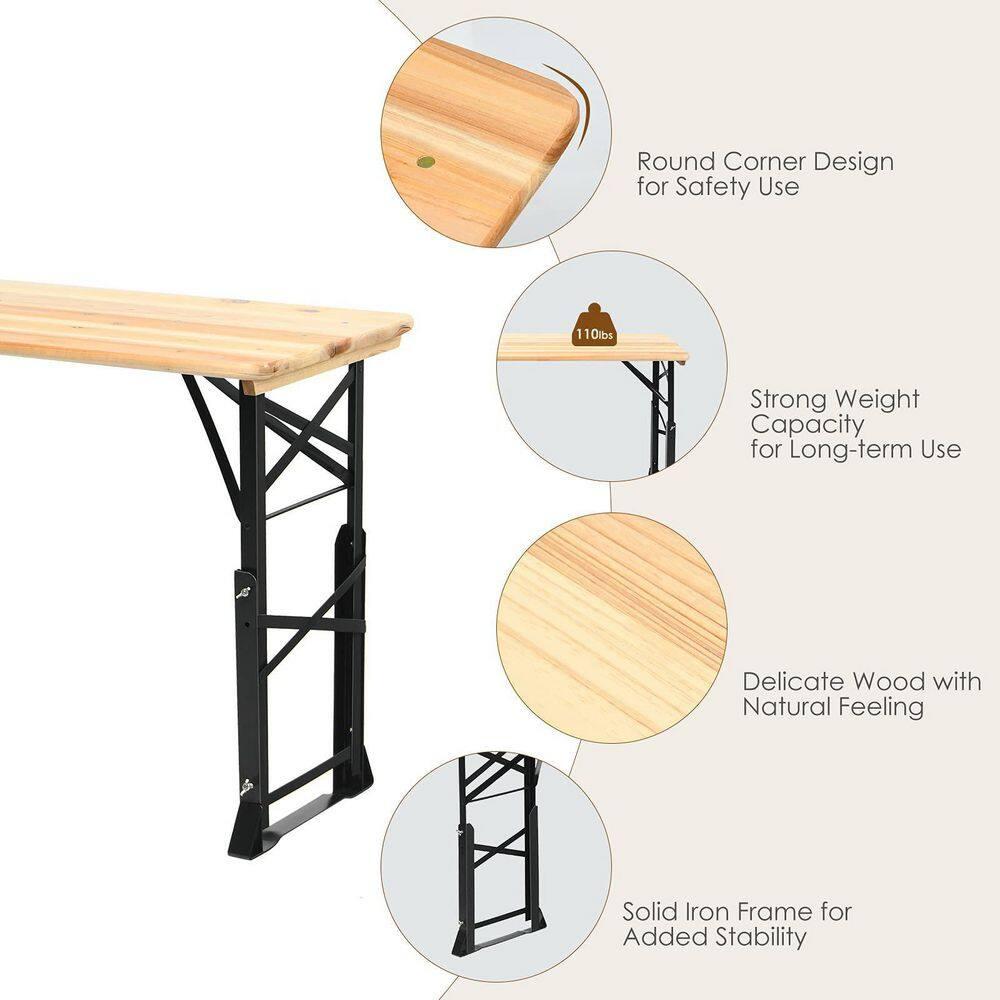 Costway 66.5" Outdoor Folding Wood Picnic Table Height Adjustable Metal Frame