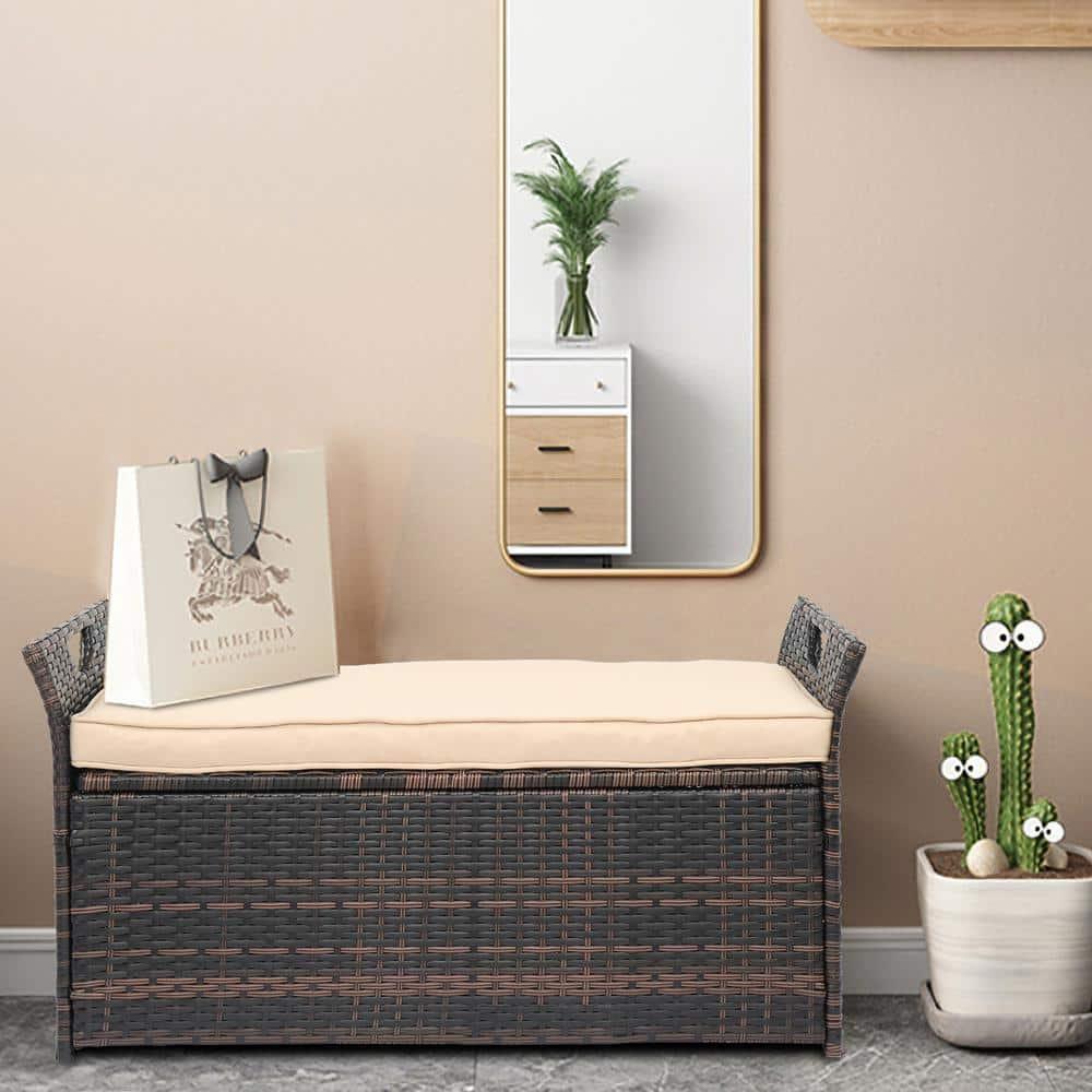 Brown Wicker Outdoor Storage Bench with Metal Frame