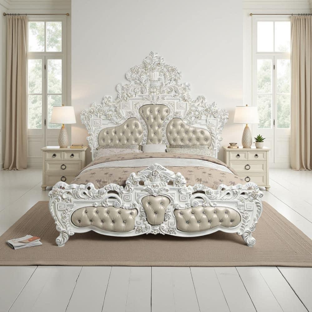 Benjara Kin King Size Bed, Ornate Vintage White, Tufted Beige Faux Leather