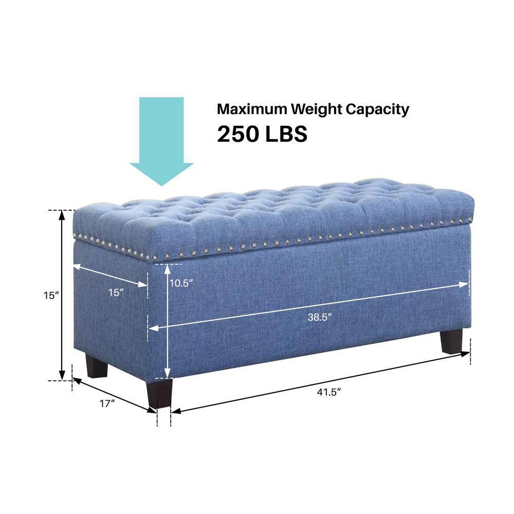 Nathaniel Home, Modern Storage Ottomans, Rectangular Ottomans with Storage, Nailhead Trim Ottomans, Upholstered Ottoman Coffee Table for Bedroom Blue