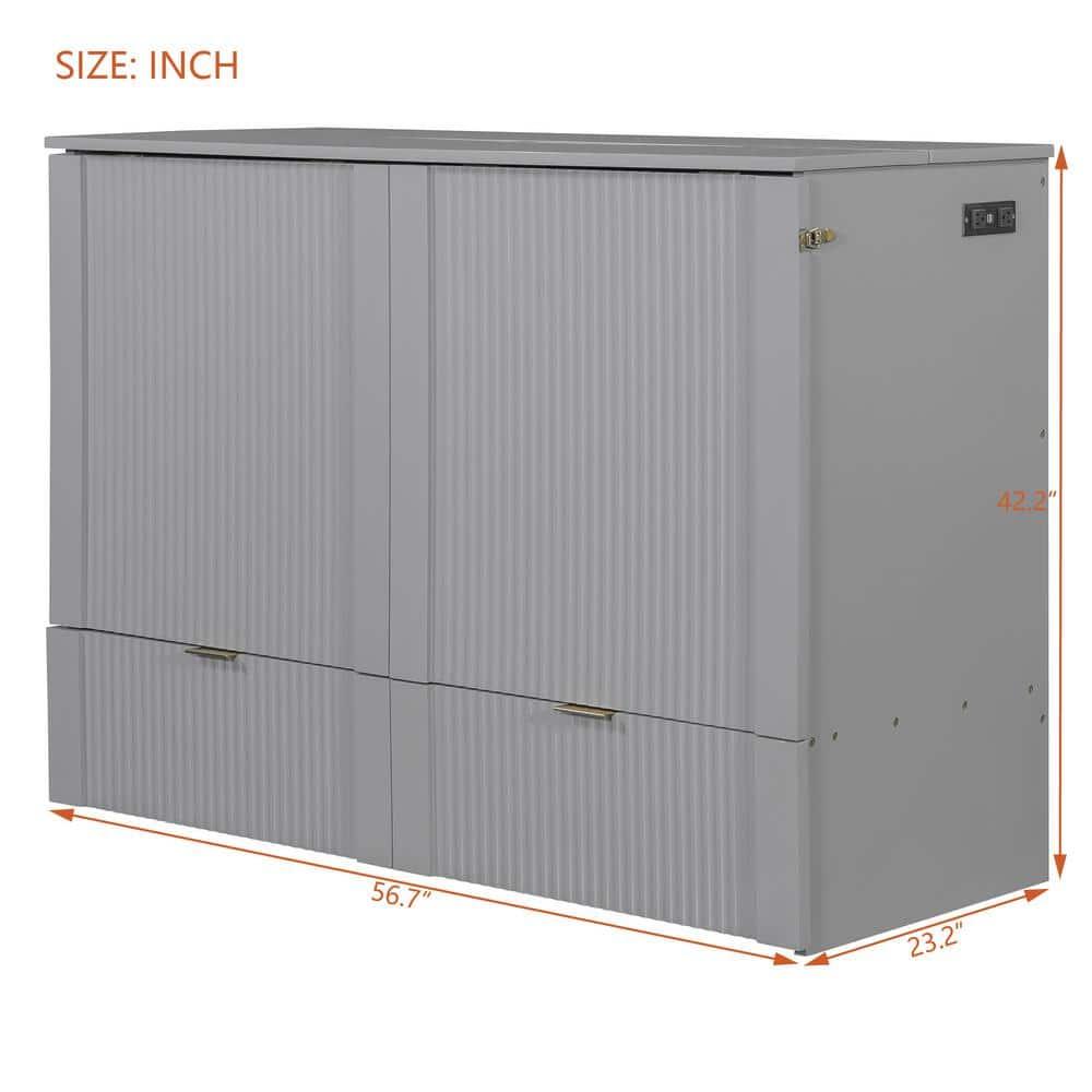 Gray Wood Frame Full Size Murphy Bed with A Spacious Drawer, USB Ports and Sockets, Pulley Structure Design