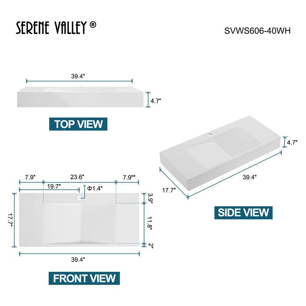 40 in. Wall-Mount or Countertop Bathroom Sink V-Shape Drain Solid Surface Material