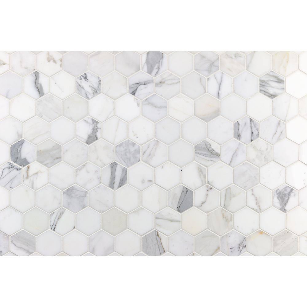 Hexagon Marble Mosaic Tile in White/Gray