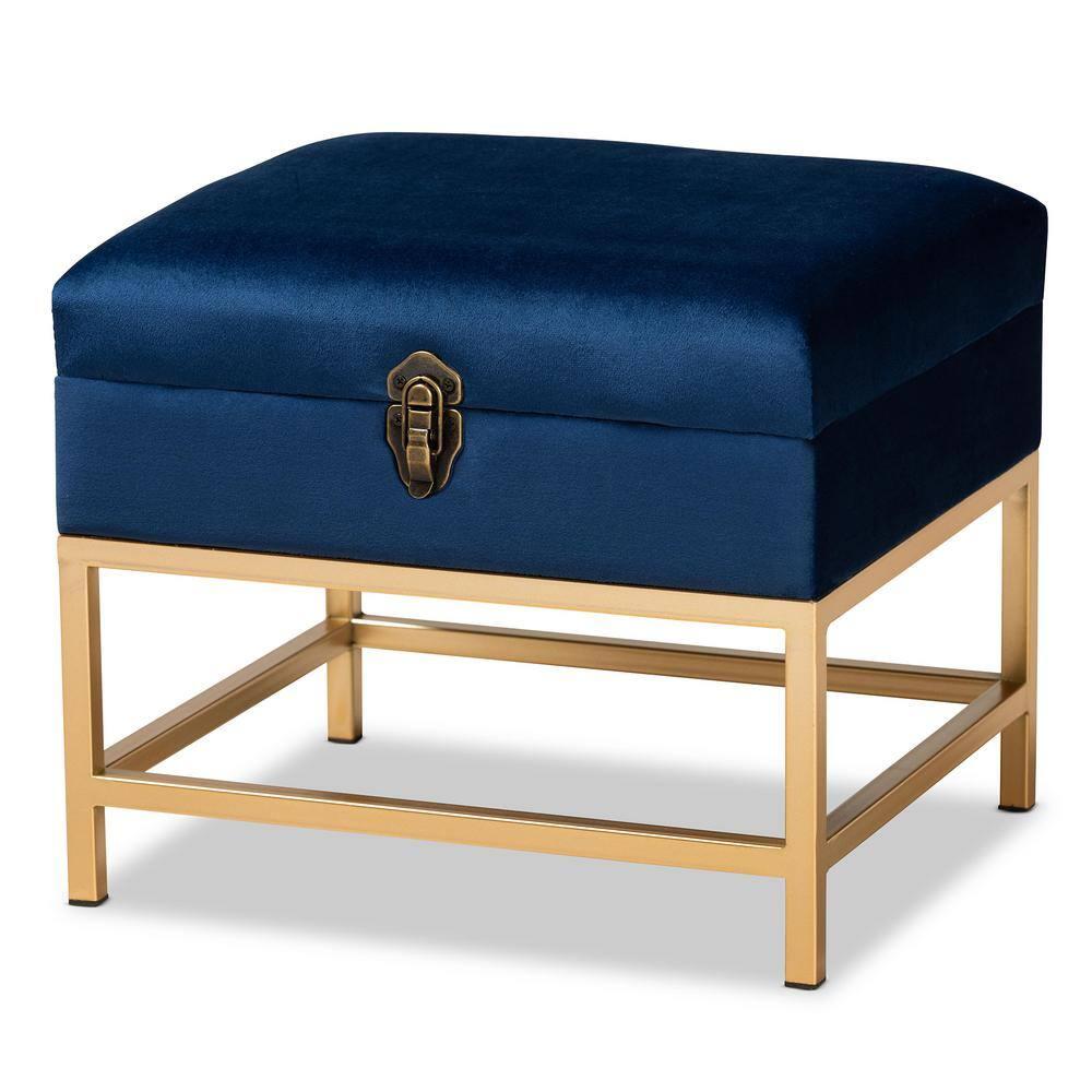 Baxton Studio Aliana Fabric and Metal Ottoman Navy Blue/Gold  Velvet Upholstered Bench, No Assembly Required