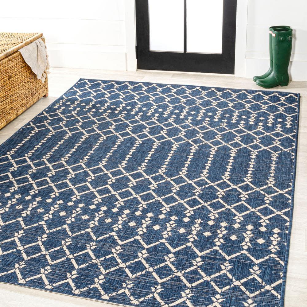 8' x 10' Ourika Moroccan Geometric Textured Weave Indoor/Outdoor Area Rug, Navy/Beige - JONATHAN Y