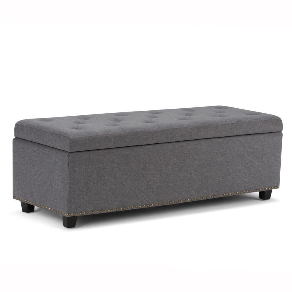 Simpli Home Hamilton 48" Transitional Rectangle Ottoman in Gray Linen Look Fabric