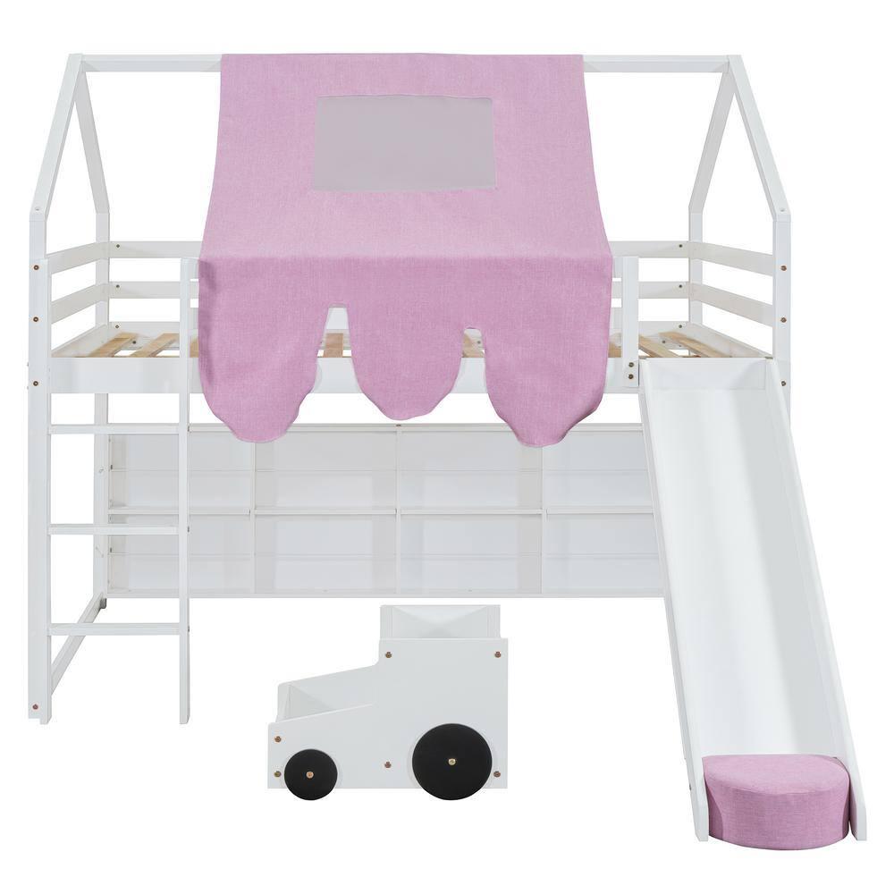 Kumix Full Size Loft Bed with Slide and Tent, House Loft Bed with Car-Shaped Storage and 2 Tier Shelves, Wood Loft Bed with Safety Guardrail & Ladder for Kids Teens Boys Girls, Noise-Free, Pink