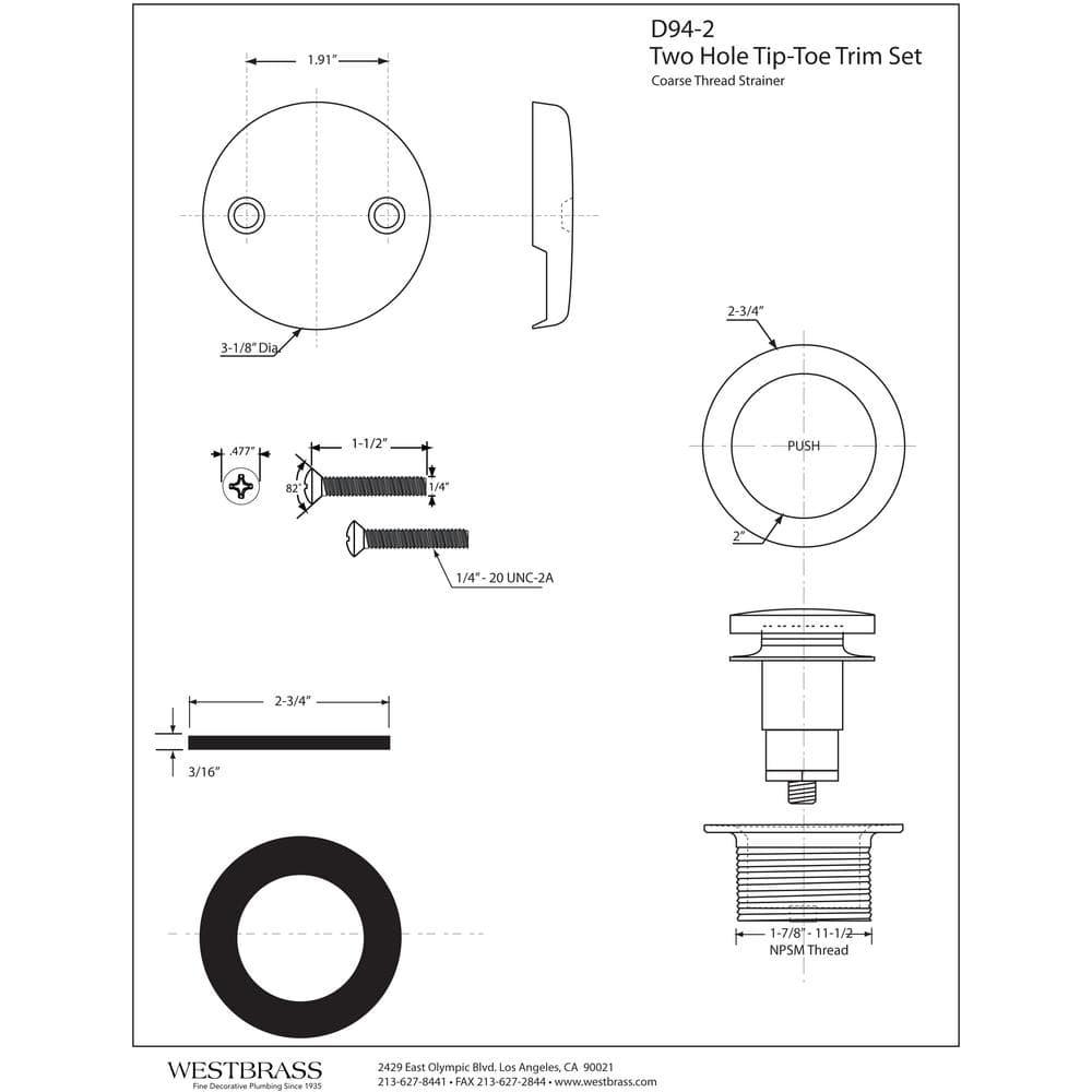 1-1/2" Coarse Thread Twist & Close Bathtub Drain Trim with Two-Hole Overflow