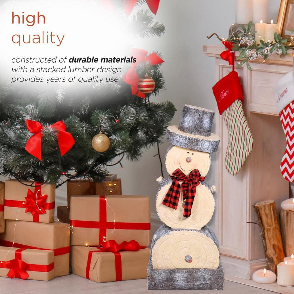 Alpine Corporation 16" x 9" x 38" Wooden Snowman Holiday Statue, Brown/Tan