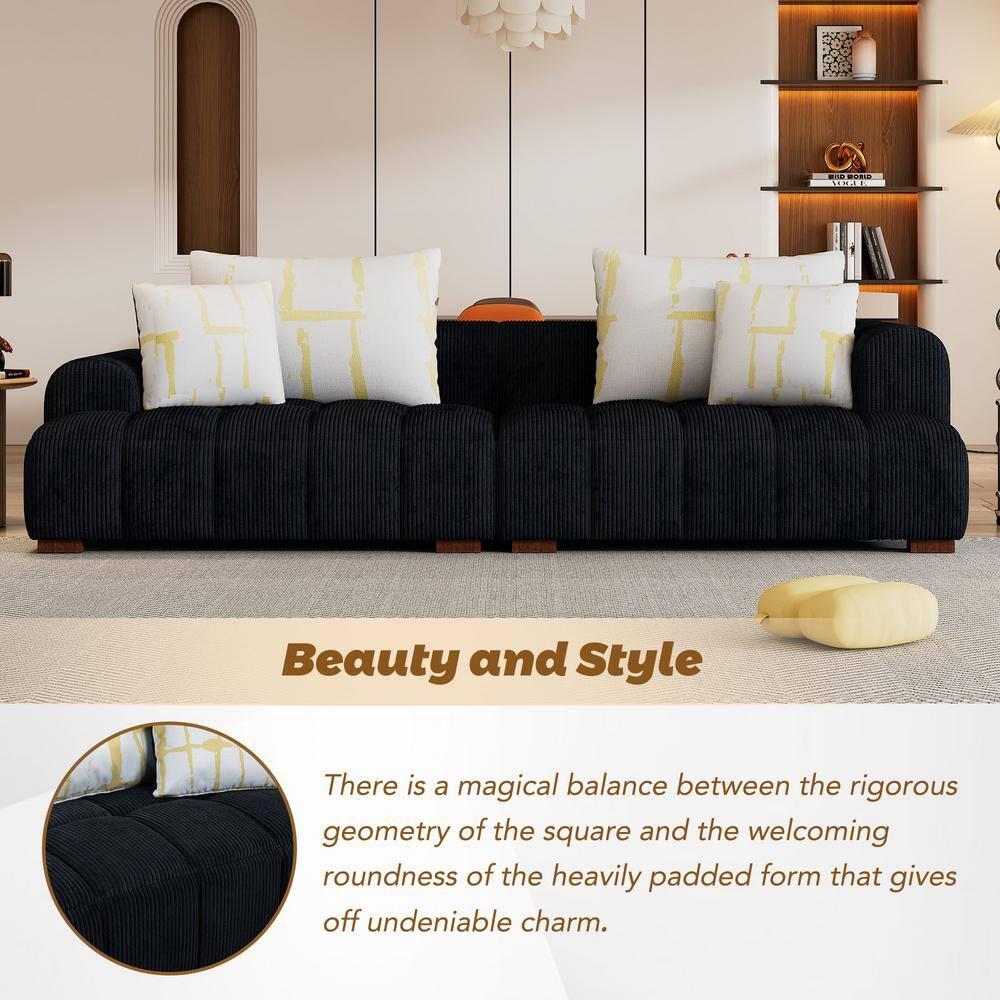 103.9" Modern Couch, Corduroy Fabric Comfy Deep Seat Sofa with Rubber Wood Legs, 4 Tossing Pillows for Living Room, Bedroom, Apartment, Dorm, Black