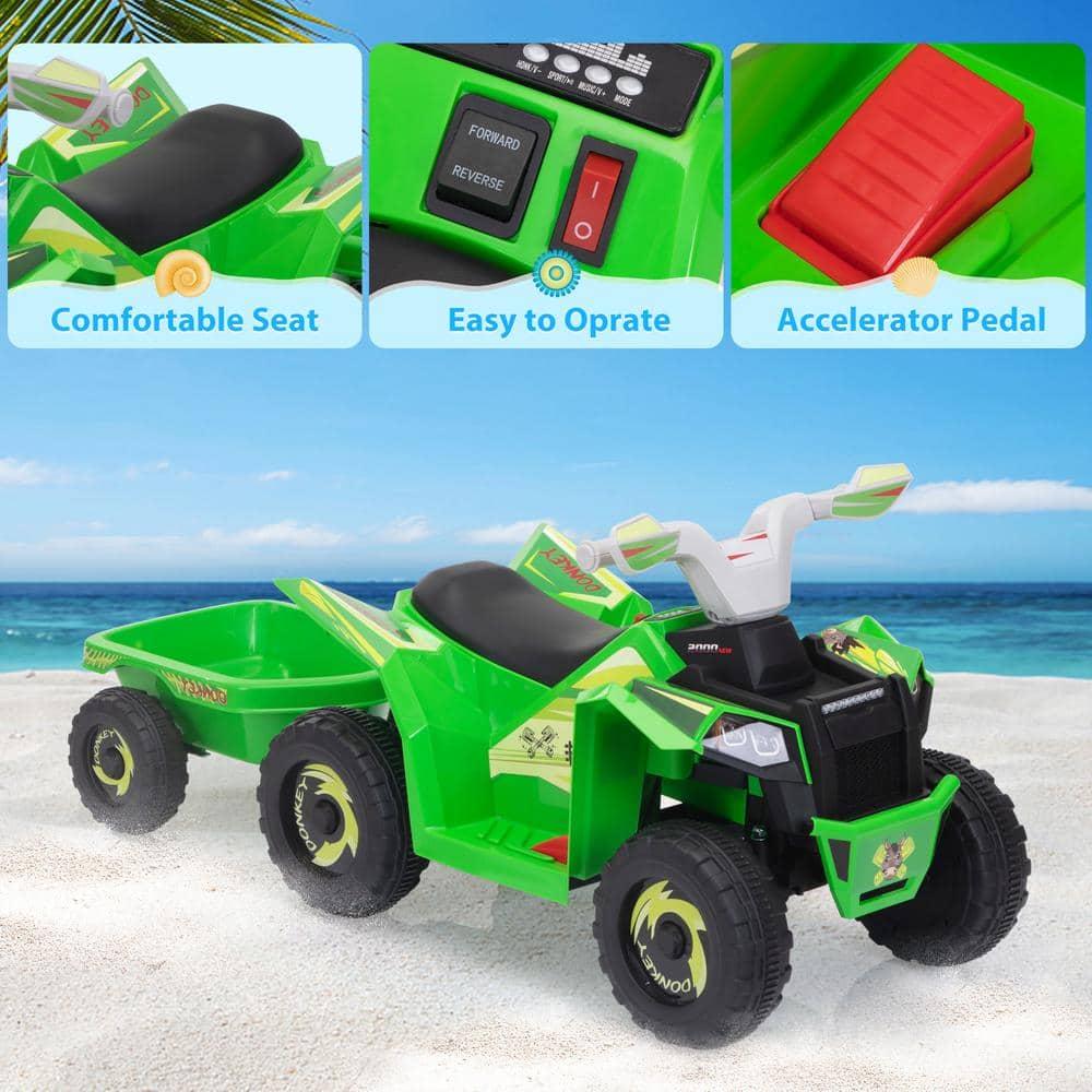 Jaxpety Kids ATV, 6V 4 Wheeler Electric Quad Car Ride on Toys with Trailer, Bluetooth, Music, Horn, Green