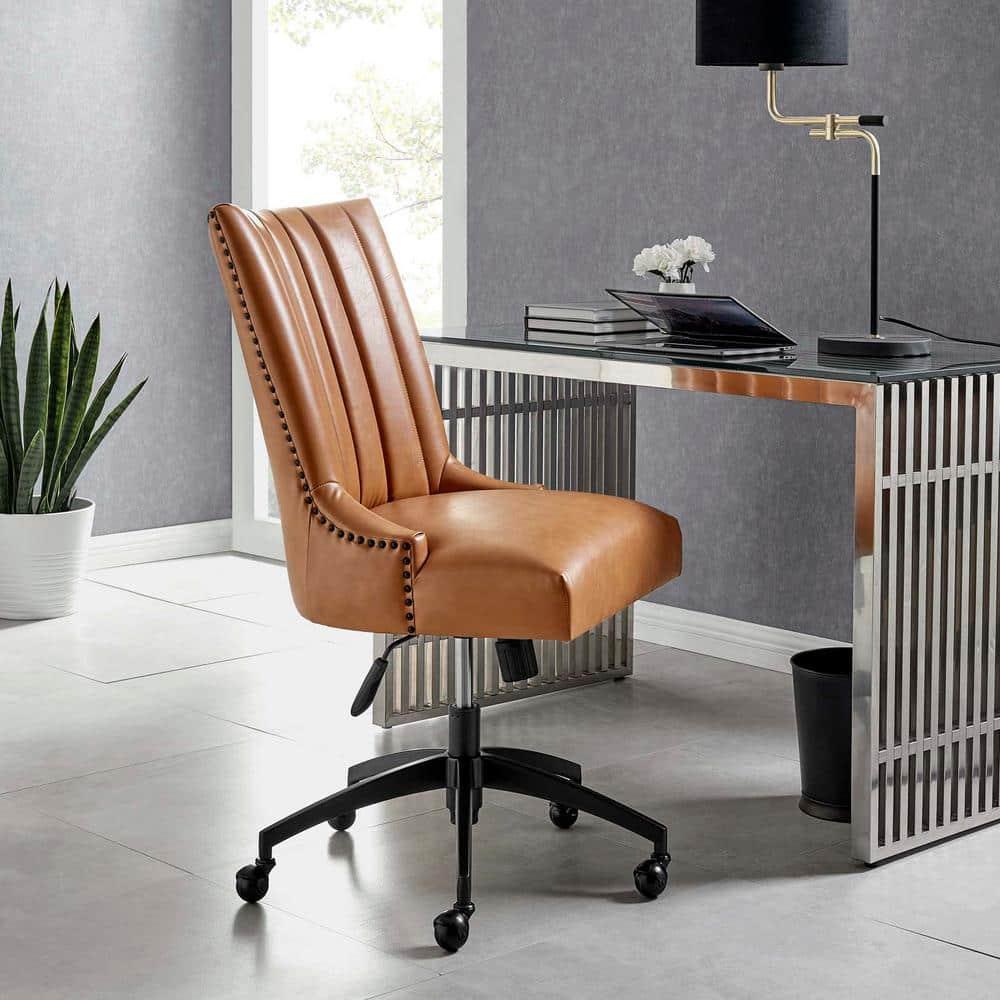 Modway Empower Channel Tufted Vegan Leather Office Chair Tan: Retro Modern Style, Adjustable, Swivel Desk Chair with Casters/Wheels