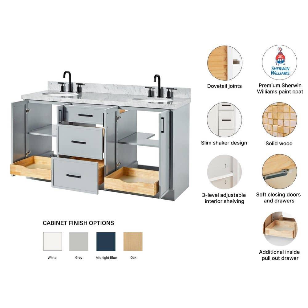 Ariel Kellie 67 Inch Double Oval Sink Bathroom Vanity With Italian Carrara Marble Countertop