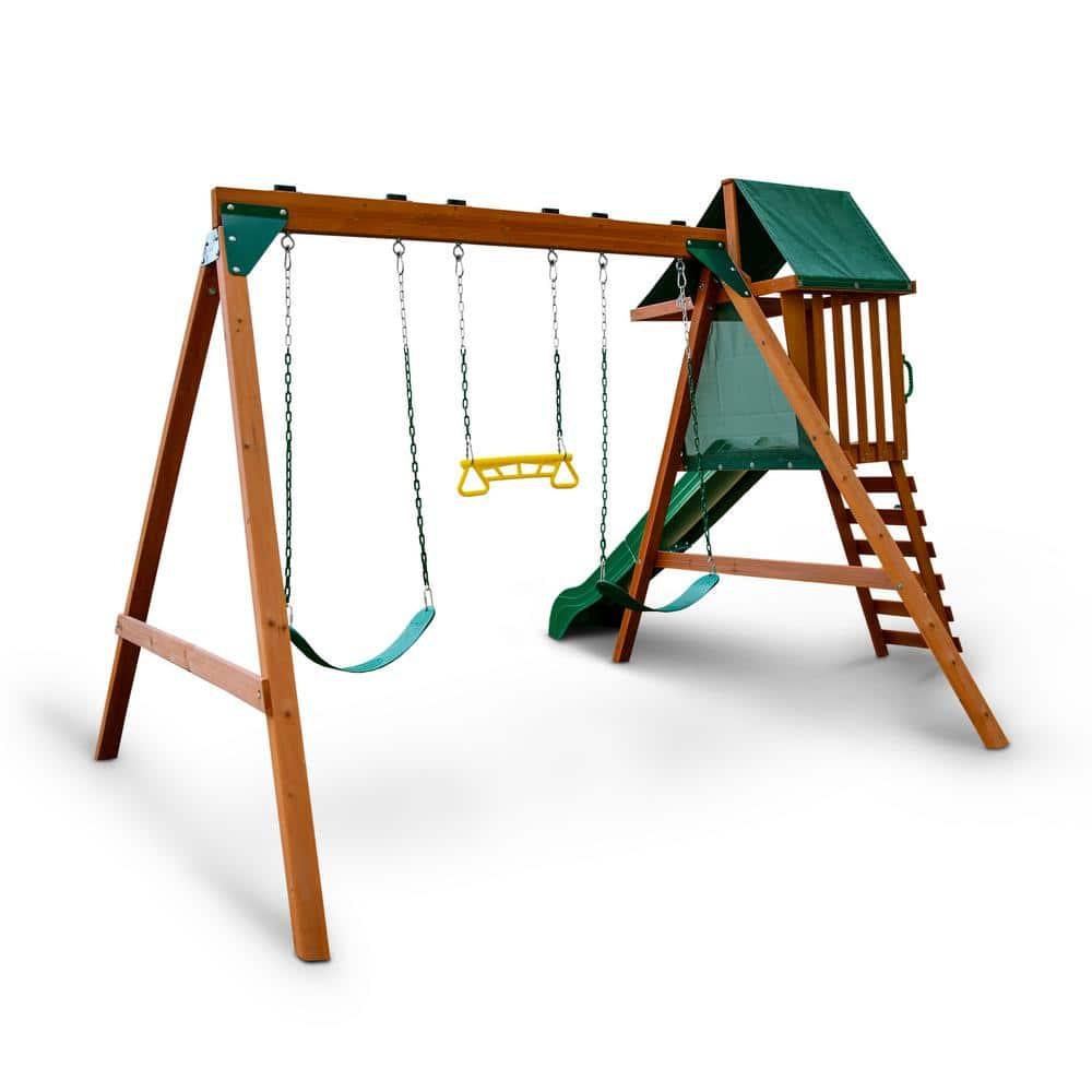 Swing-N-Slide Ranger Plus Wooden Backyard Swing Set with Slide, Climbing Wall and Swings, Swing Set for Backyards