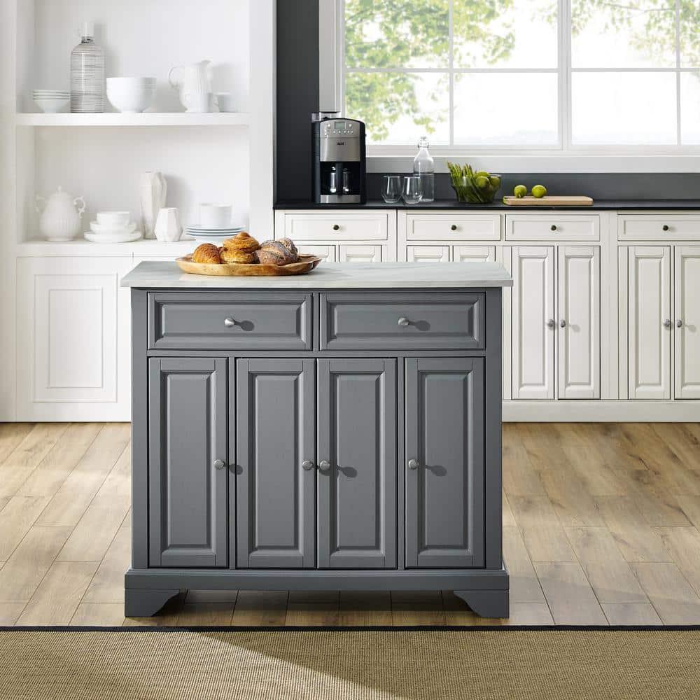 One Allium Way® Kitchen Island With Storage Shelves, Microwave Stand, Coffee Bar, Gray - Birch Veneer, Marble Finish, 2 Drawers & 3 Cabinets, Brushed Nickel Hardware