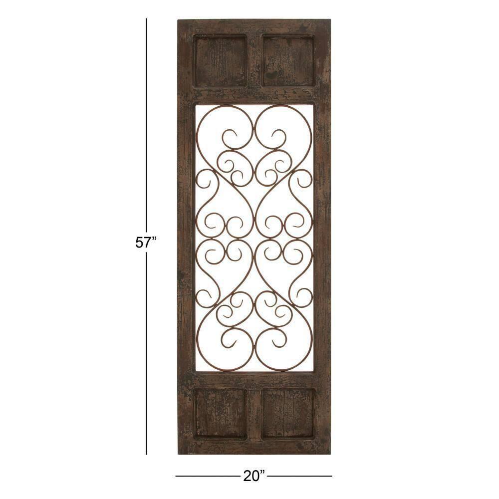 Olivia & May Traditional Wood Scroll Window Inspired Wall Decor with Metal Scrollwork Relief Brown: Vertical Iron Frame, Carved Art Object