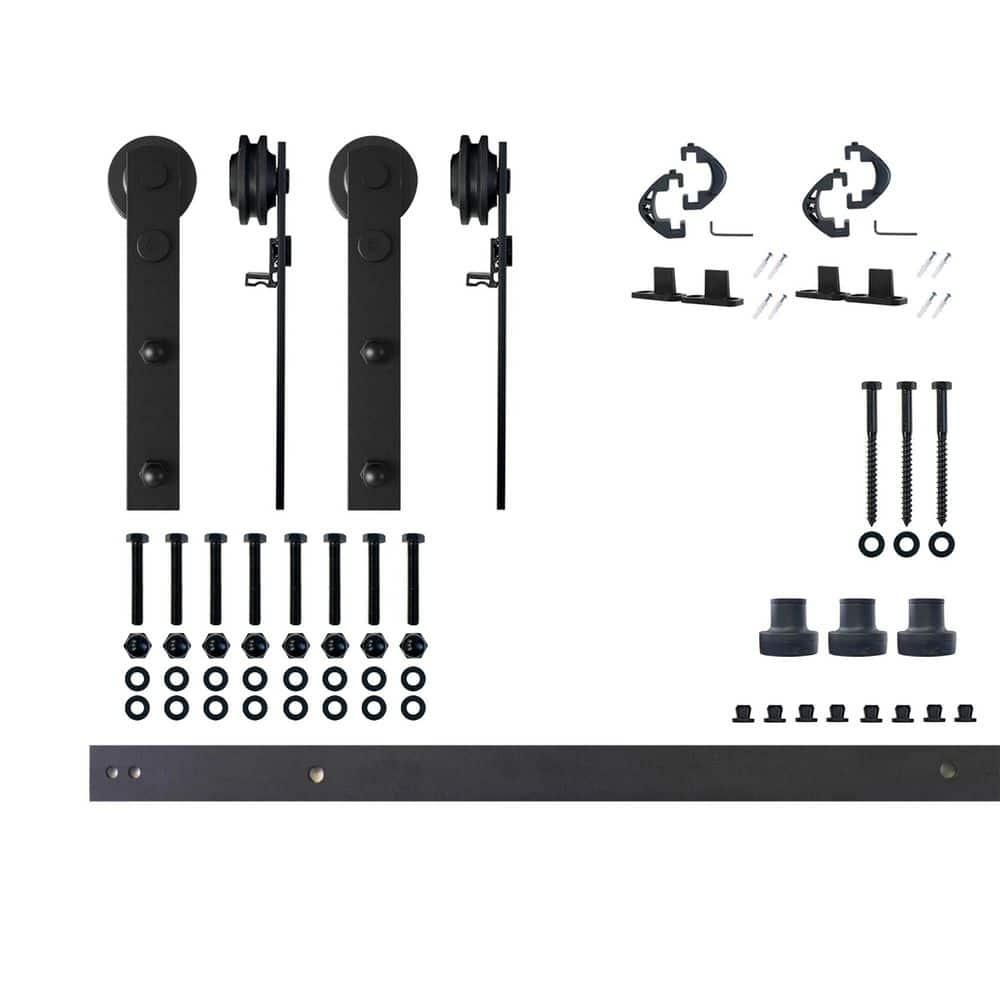 Homacer Black Rustic Sliding Barn Door Hardware Kit, for Two/Double Doors, 4ft Long Flat Track, Straight Design Roller, Heavy Duty, for Interior & Exterior Use
