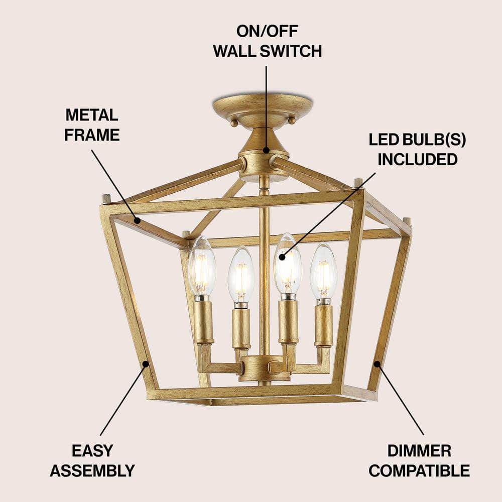 Plains Mini Lantern 12 in. 4-Light Brass Gold Iron Modern Farmhouse LED Flush Mount,