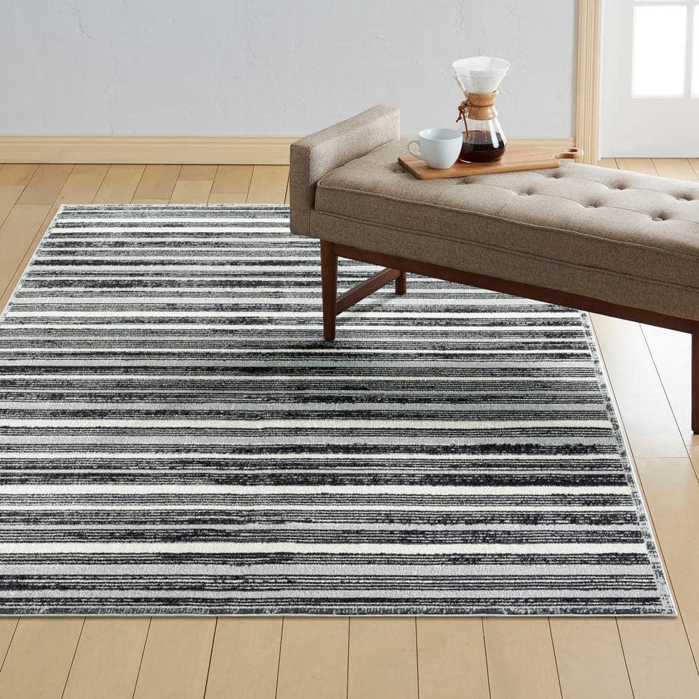 Everwash Treasure Striped Modern Machine Washable Area Rug, Light Grey/Charcoal Grey, 6'6"x9'2"