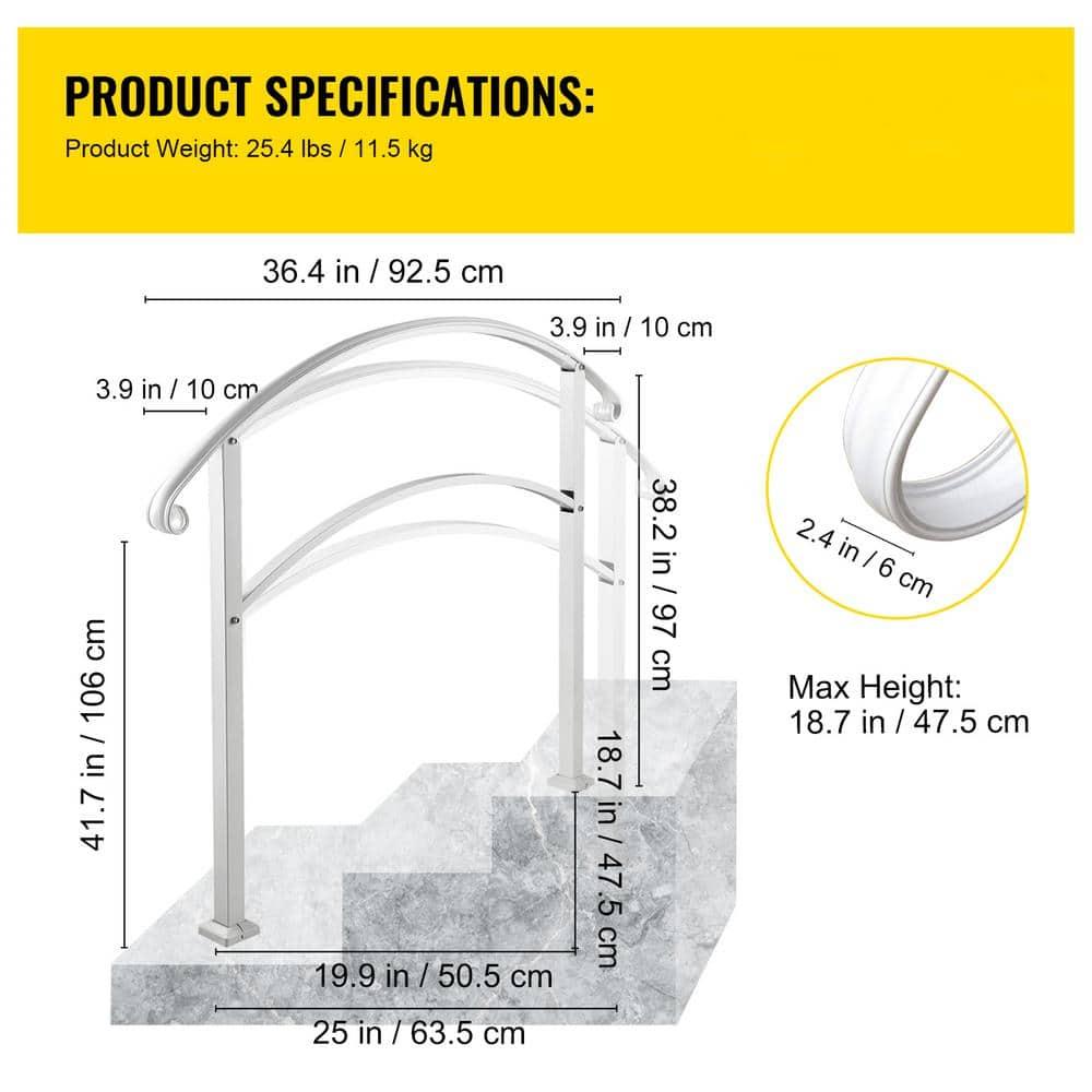 Outdoor Handrail for 1-3 Steps, 41.7 in. H x 36.4 in. W, White, Iron, Stair Railing Kit, Porch and Concrete/Wood Stairs