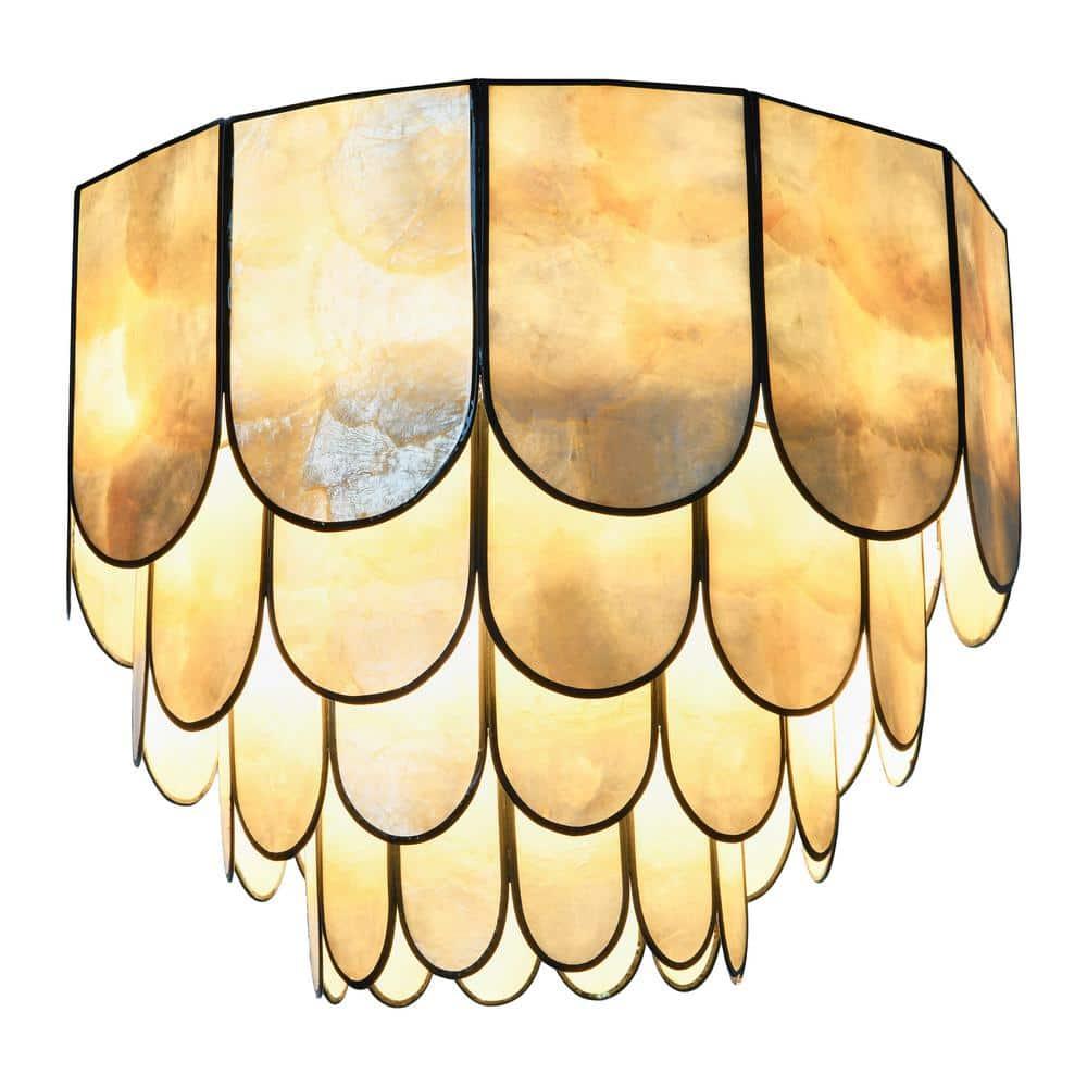 Storied Home 14" Round 4-Tier Capiz and Metal Flush Mount Ceiling Light Black: UL Listed, Iron Body, Off-White Shade
