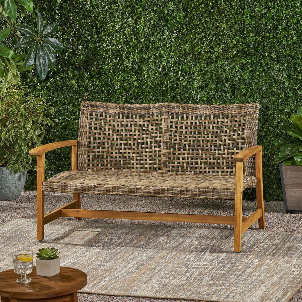 Hampton Wicker Loveseat: Natural/Gray, Acacia Frame, Handwoven, Weather-Resistant - Christopher Knight Home