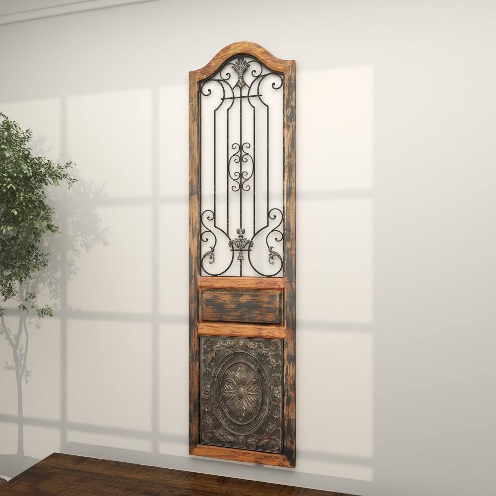 DecMode Decoración de Pared de Metal y Madera Inspirada en Puertas Arqueadas Rústicas 72" de Alto x 19 de Largo, Acabado en Marrón Desgastado con Carácter Orgánico