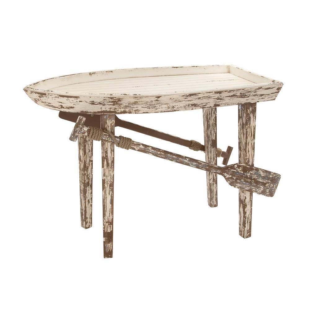 DecMode 49" x 33" White Wood Distressed Tray Top Boat Accent Table with Oar Detailed Legs, 1-Piece