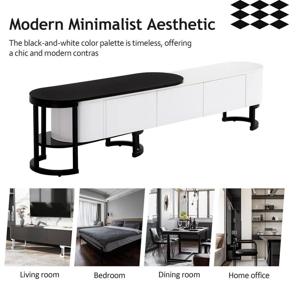 White and Black Modern TV Stand with 3 Drawers and Shelves
