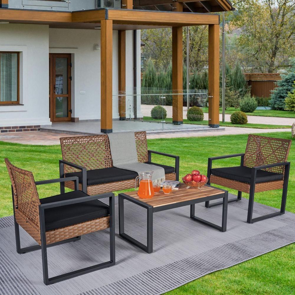Patio Furniture Set for 4, Rattan Outdoor  Conversation Set with Wood Table, Brown PE Wicker Porch Sofa Set with Cushions, Porch Deck Poolside Furniture, Max 705LBS
