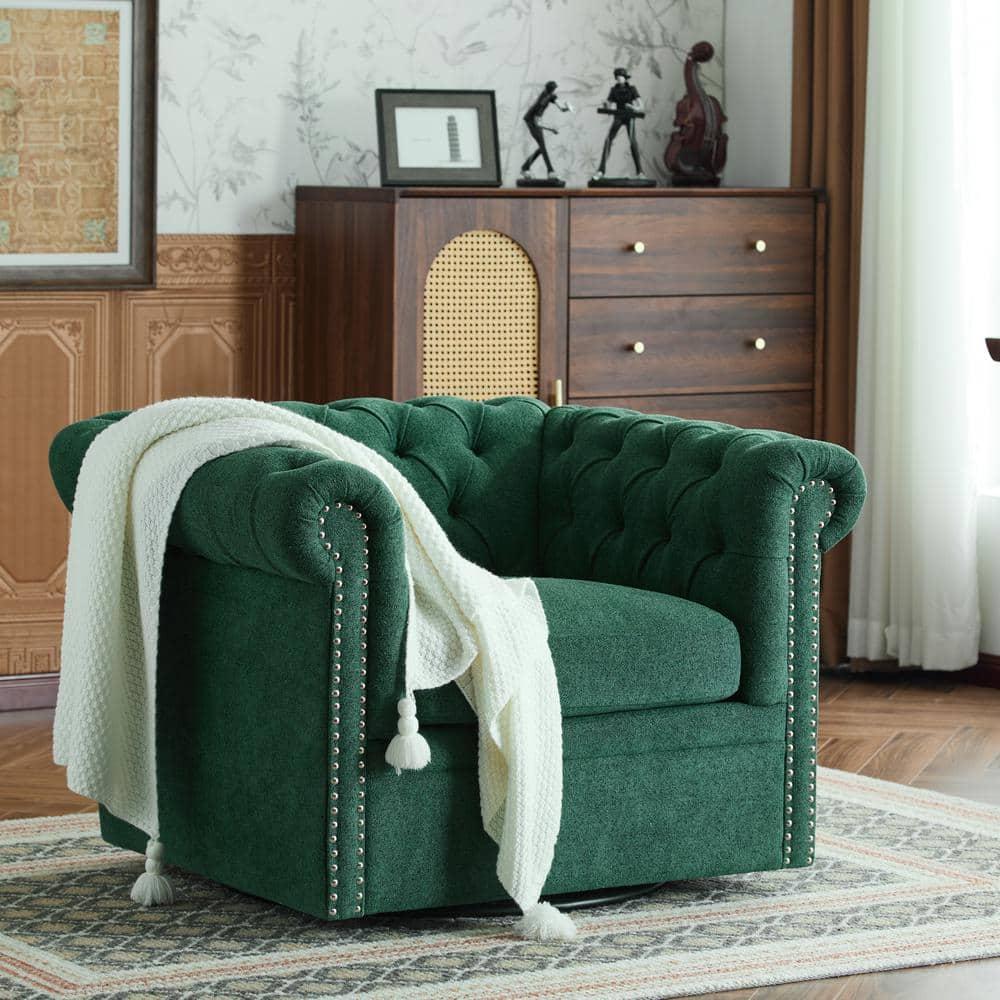 Christopher Knight Home Andrew Upholstered Button Tufted Swivel Club Chair with Roll Arms, Dark Green