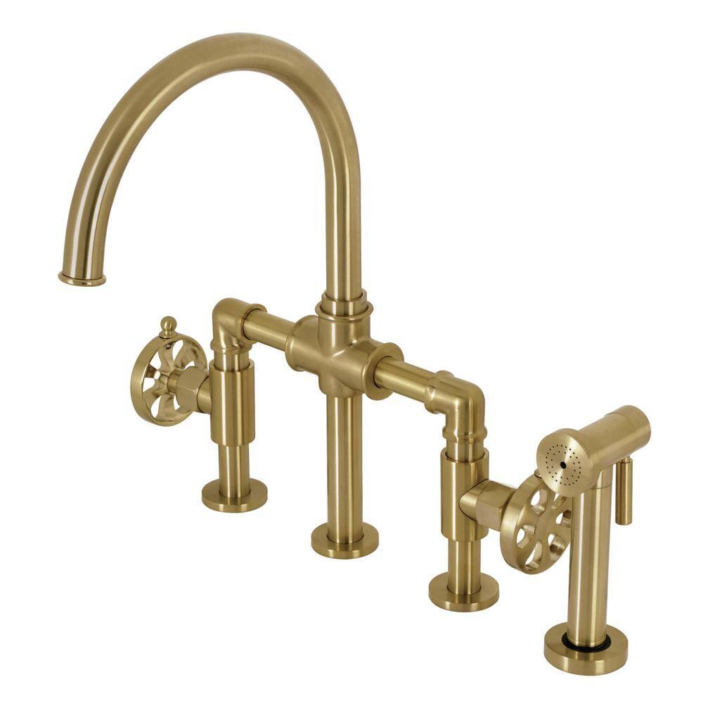 Kingston Brass Kingston Brass Two-Handle 4-Hole Deck Mount Industrial Style Bridge Kitchen Faucet with Brass Side Sprayer KS2333RX