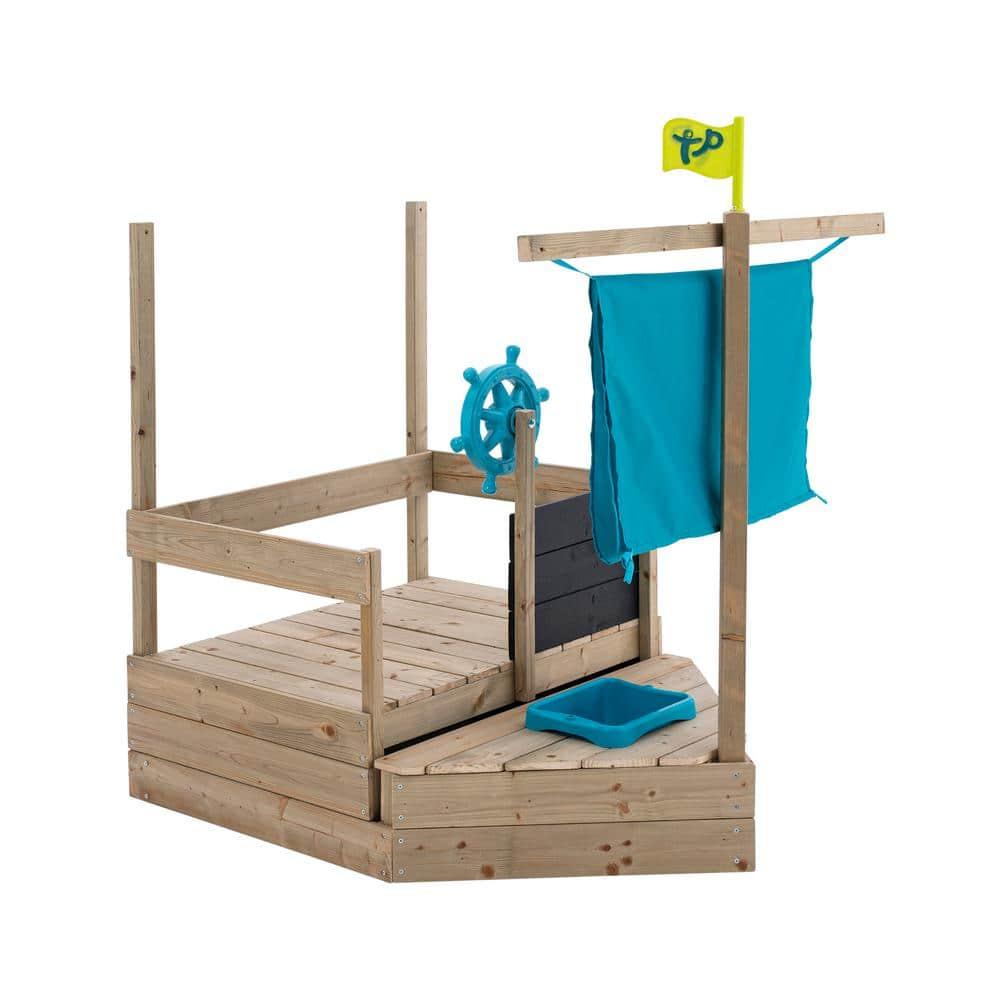 TP Ahoy Wooden Sandbox Pirate Ship Play Boat with Canopy – Kids Outdoor Sand & Water Toy with Captain’s Wheel, Blackboard, Splash Bowl & Storage | FSC Certified | Compact & Space-Saving Design