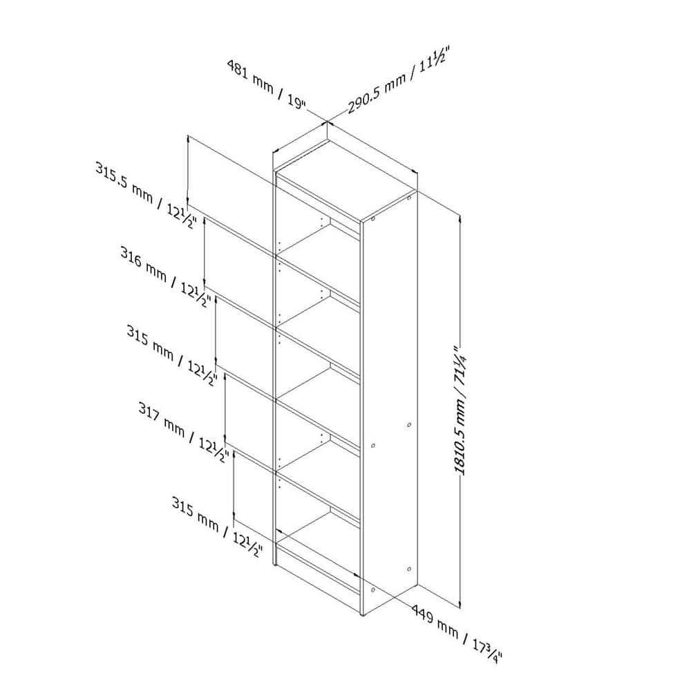 Axess Narrow 5-Shelf Narrow Bookcase Pure White