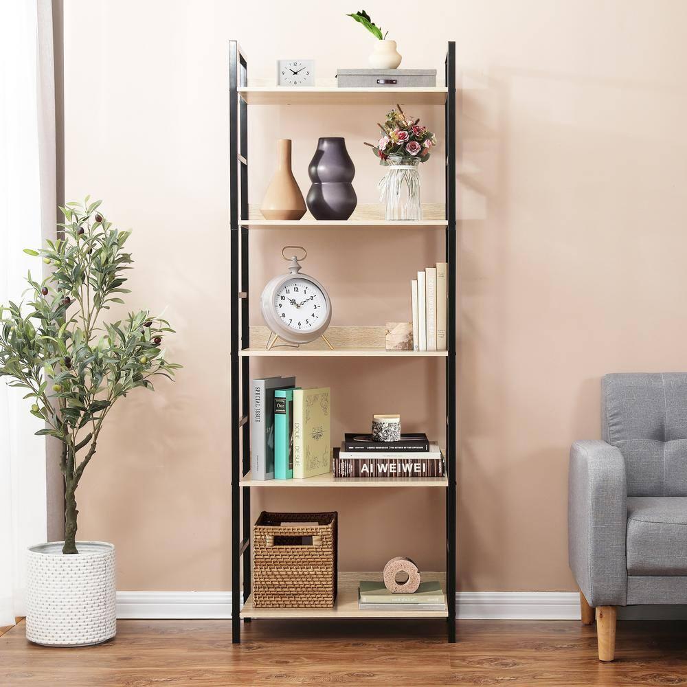 LuxenHome 5-Shelf 63" H x 23.62" W Wood and Metal Etagere Bookcase Brown