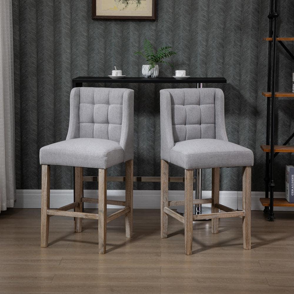 HOMCOM Counter Height Bar Stools, Tufted Upholstered Barstools, Pub Chairs with Back, Rubber Wood Legs for Kitchen, Dinning Room, Set of 2, Gray