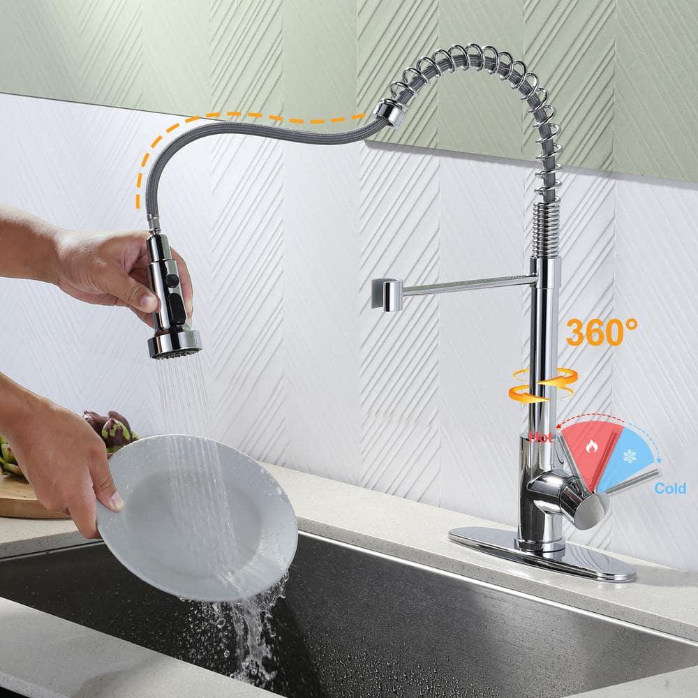 VOTON Chrome Kitchen Faucets with Pull Out Sprayer Commercial Spring Sink Faucet Stainless Steel Pull Down Single Handle Farmhouse faucets with Deck Plate for Camper Laundry Utility Rv Wet Bar