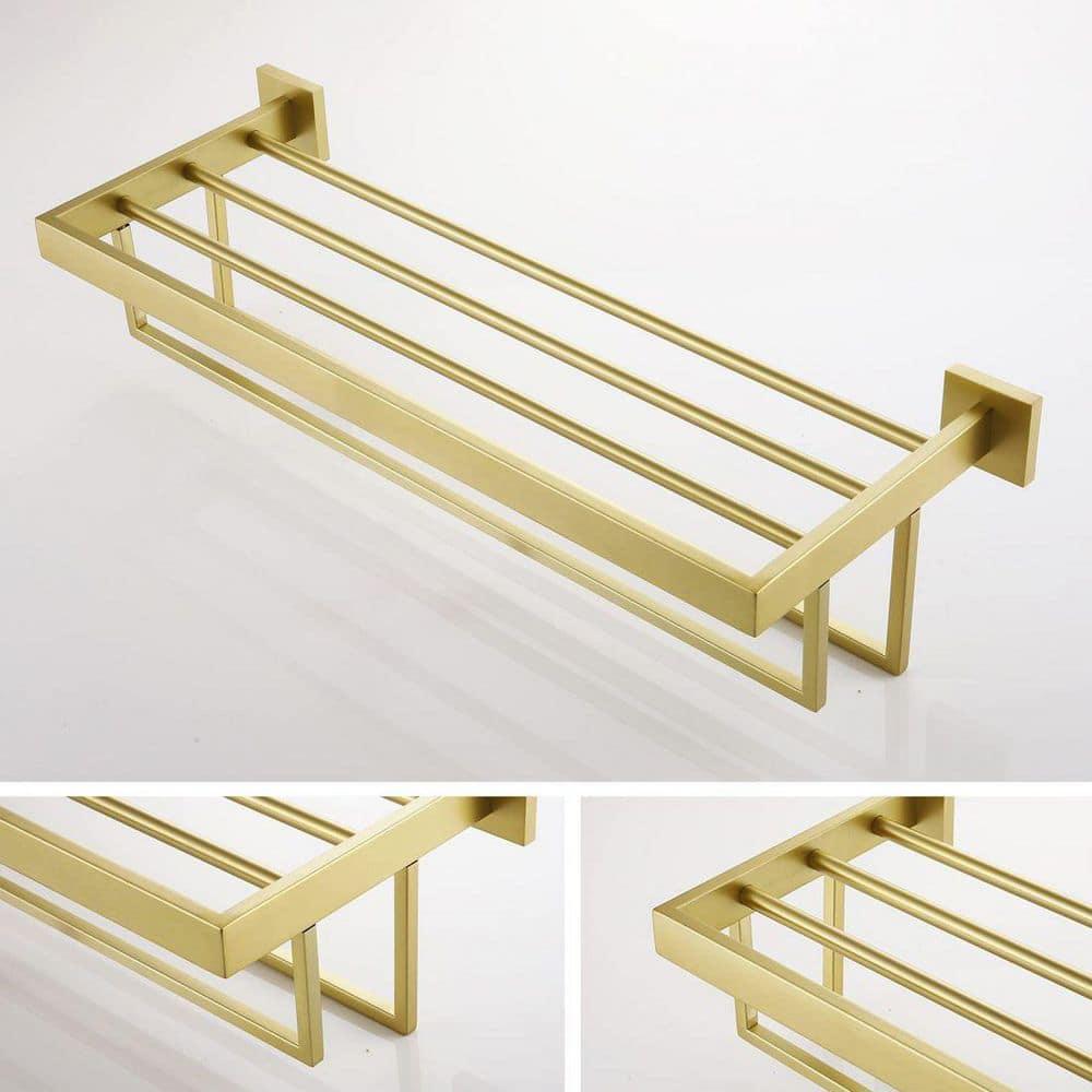 KOKOSIRI Towel Shelf Holder 24'' Bathroom Towel Rack with Two Bath Towel Bars Rails SUS304 Stainless Steel Wall Mount, Brushed Gold, B6003BG