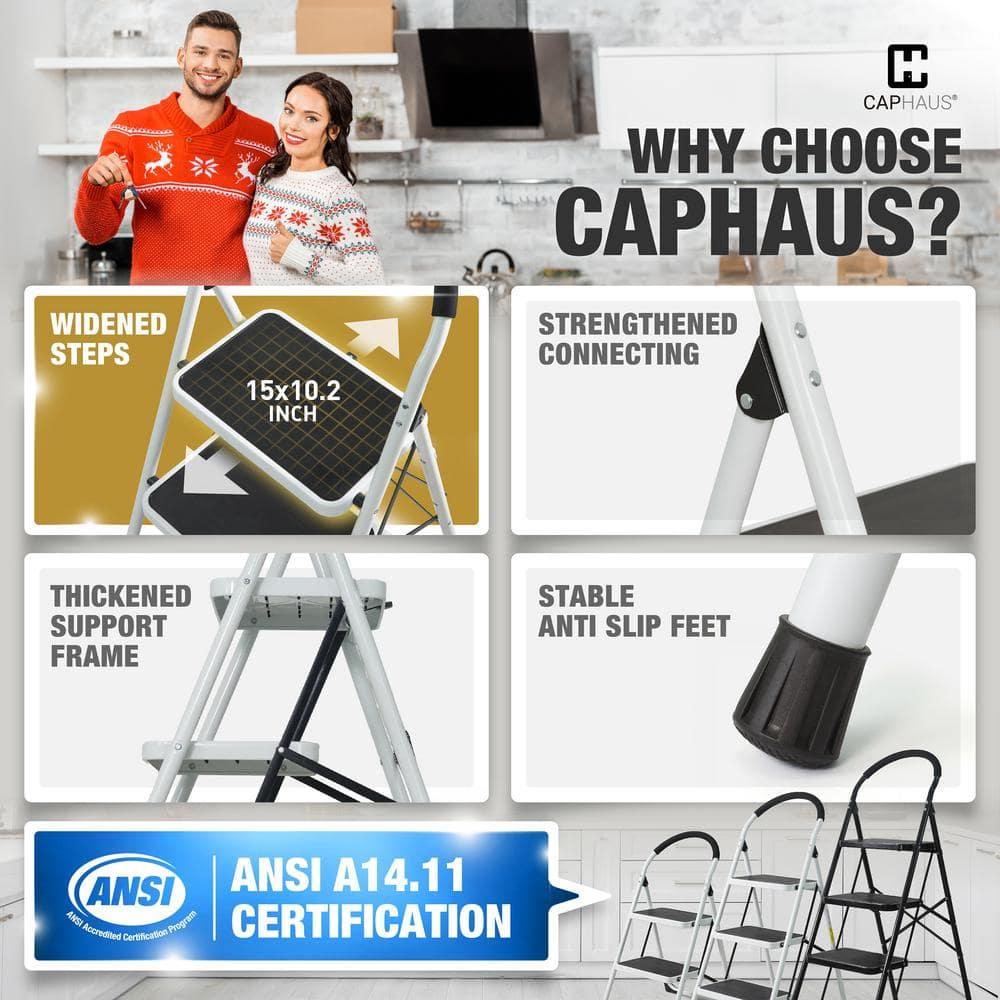 CAPHAUS 3-Step Ladder, Portable Folding Step Stool with Extra Wide Anti-Slip Pedal, Heavy Duty Foldable Small Step Ladder with Hand Grip, ANSI A14.11 Certified Sturdy Step Stool, White