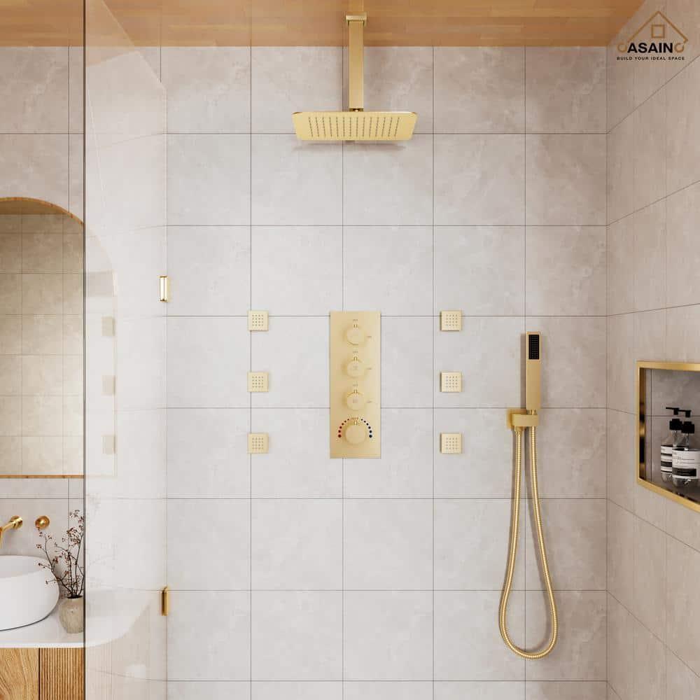 mondawe WF6310-12BG Herathena 3 Functions Ceiling Mounted Luxury Shower System with 6 Body Jets (Rough-in Valve Included)