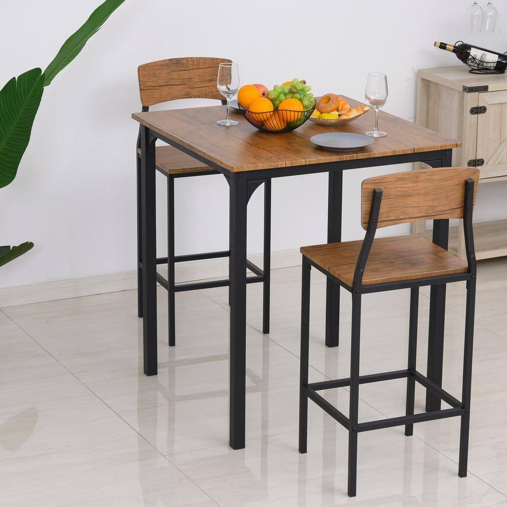17 Stories 3 Piece Square Industrial Small Dining Table Set, Bar Table and Chairs Set, Rustic Brown and Black
